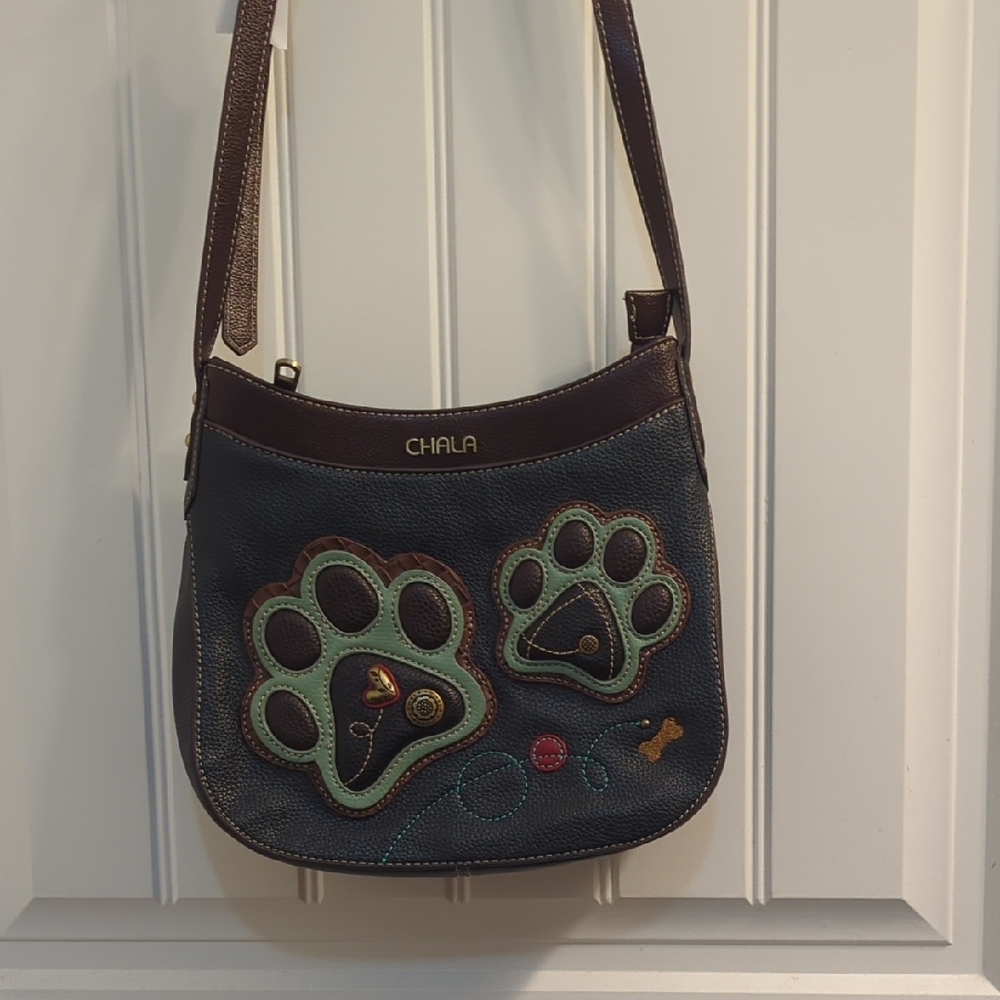 Chala Navy Crossbody Bag with Brown Trim and Mint Paw Accents